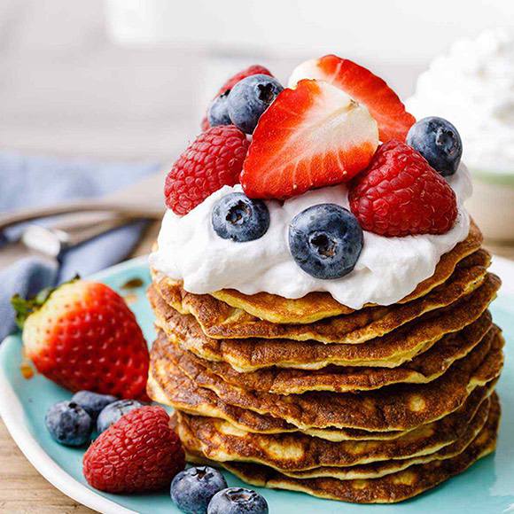Cream Cheese Keto Pancakes with Berries and Whipped Cream