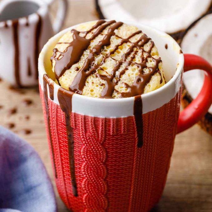 Keto Coconut Mug Cake with a Dark Chocolate Drizzle