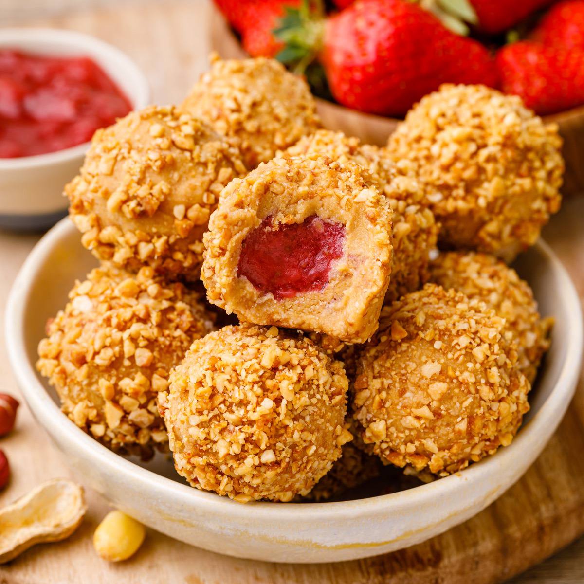 Honey Roasted Keto Peanut Butter Protein Balls with Strawberry Jam