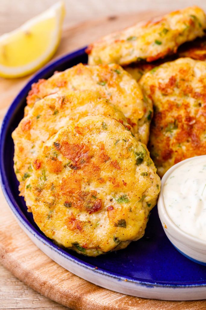 Cheesy Keto Chicken Fritters with Creamy Lemon Dill Sauce - Keto Pots